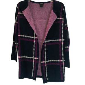 Ann Taylor Petite Purple Plaid Open Front Cardigan